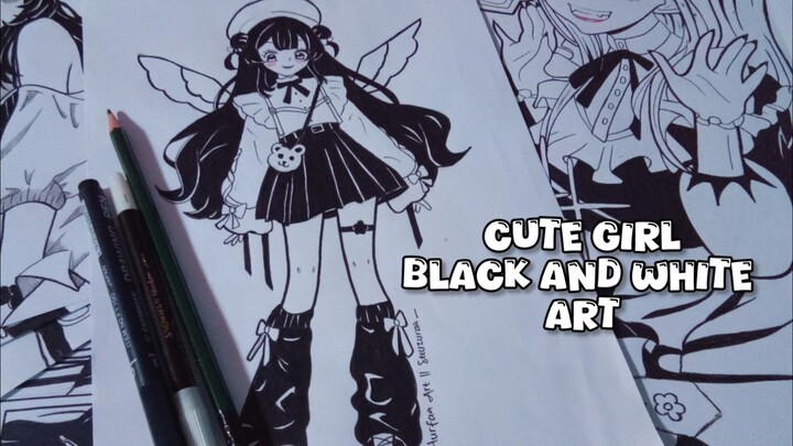 Cute Girl || Black and White Art (SPEED DRAWING)