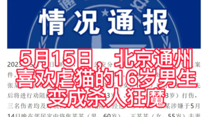 วันที่ 15 พฤษภาคม ที่เขตทงโจว กรุงปักกิ่ง หนุ่มวัย 16 ปีผู้ทารุณแมวกลายเป็นฆาตกรคลั่ง