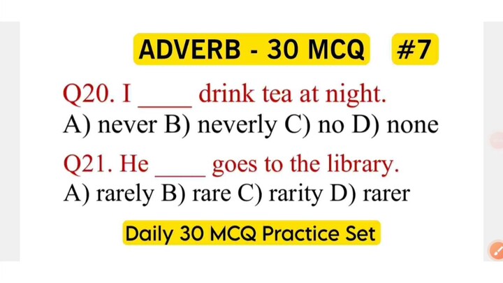 Adverb English Grammar MCQ | 30 Questions Practice Set & Mock Test | CTET DSSSB KVS REET NDA CDS SSC