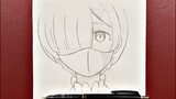 Easy anime drawing | how to draw REM wearing a face mask step-by-step easy