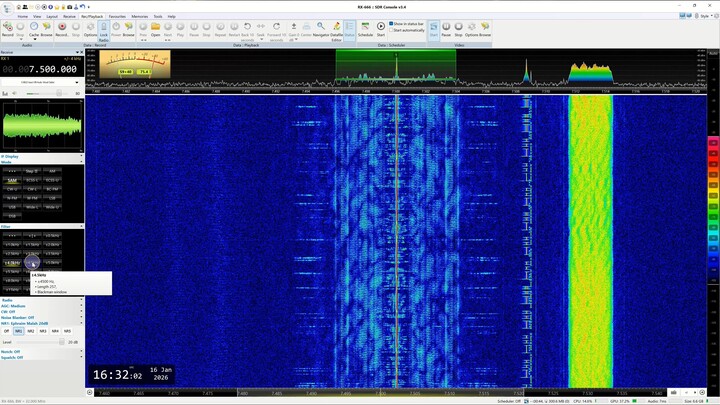 7500 Khz  -The American Radio Farda broadcast to Iran, and the Iranian jamming transmitter.