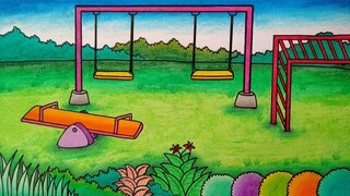 Cara menggambar taman bermain || Menggambar pemandangan taman