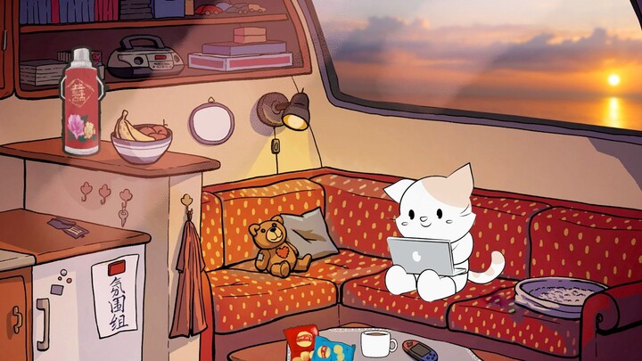 [Atmosphere Study Room] Sunset Orange Sea Cat accompanies you to study Lofi white noise study room l