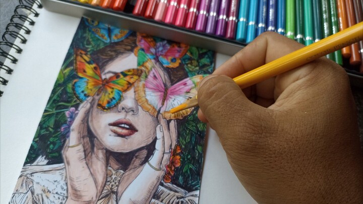 mewarnai gambar gadis dan kupu-kupu