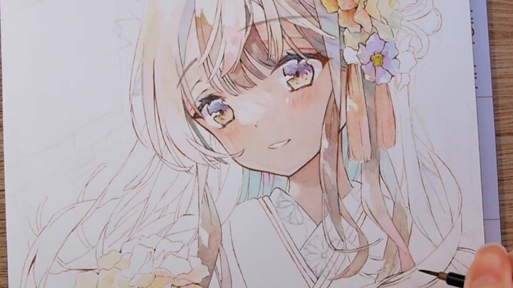 ภาพวาดสีน้ำ｜アナログイラストメイキング｜สีน้ำใส｜กิโมโน