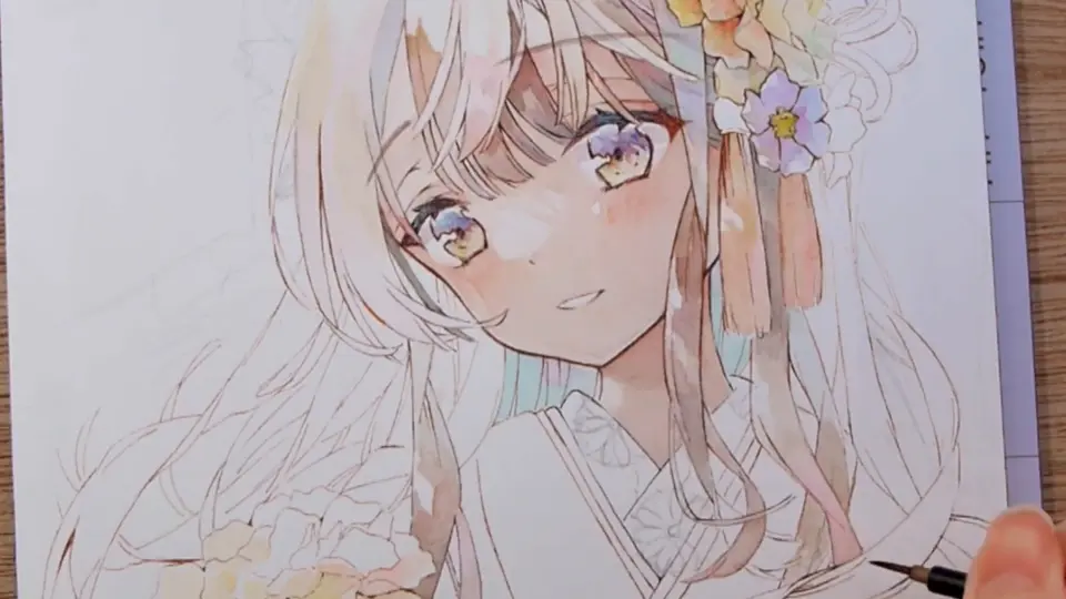 Watercolor Painting アナログイラストメイキング Transparent Watercolor Kimono Bilibili