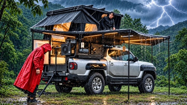 Camping in HEAVY RAIN 🌧️ First Trip with a NEW Truck Camper#survival #solocamping