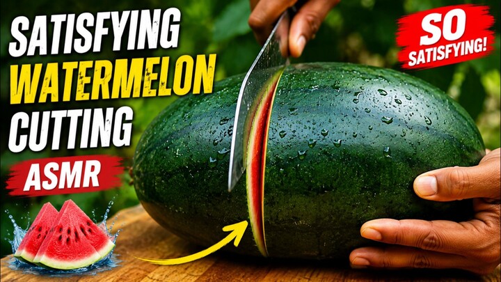 A fresh watermelon is sliced in a clean and satisfying ASMR-style cutting moment. 🍉