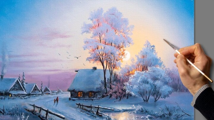 [Acrylic Painting] In winter, the setting sun shines on the path home, making one’s steps feel much 