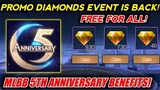 PROMO DIAMONDS IS BACK AGAIN! MLBB 5TH ANNIVERSARY BENEFITS FOR ALL! MOBILE LEGENDS