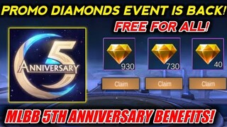 PROMO DIAMONDS IS BACK AGAIN! MLBB 5TH ANNIVERSARY BENEFITS FOR ALL! MOBILE LEGENDS