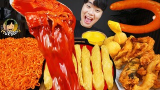 ASMR MUKBANG 직접 만든 대왕 가래떡 떡볶이 불닭볶음면 소세지 먹방 & 레시피 FIRE NOODLES AND Tteokbokki EATING SOUND!