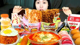 ASMR MUKBANG| 편의점 직접 만든 까르보 불닭 떡볶이 소세지 김밥 먹방 & 레시피 FRIED CHICKEN AND Tteokbokki EATING