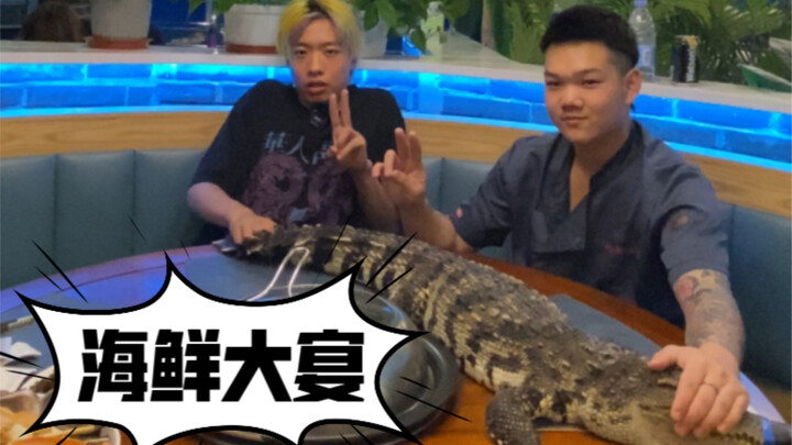 Seafood crocodile climbs onto the dining table