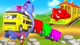 Elephant Train Helps Bus Train Fruits Vegetables Transport Monkey Gorilla Fun | 3D Funny Animals