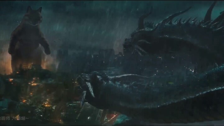 Giant cat Meowthra vs three-headed dragon Ghidorah