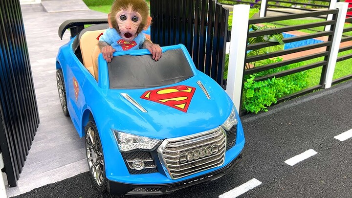 Baby monkey Bon Bon drives a car and opens a surprise Lol egg with puppy