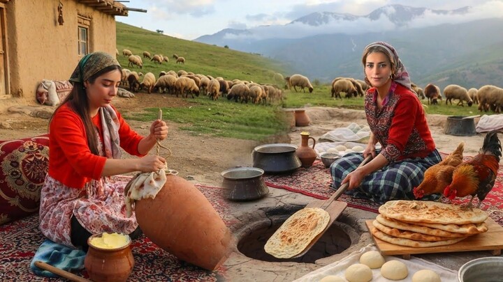 Daily life in the mountains| baking bread and preparing butter for dinner