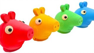 Trẻ em giải nén cát không gian và tạo thành một hàng Peppa Pig bảy sắc cầu vồng