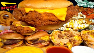 ASMR MUKBANG DOUBLE BURGERS EXTRA CRISPY CHICKEN ANIMAL STYLE FRIES & CHEESE FRIES | WITH RANCH