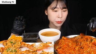 ASMR MUKBANG hải sản om và cua (bạch tuộc, bào ngư, tôm) cơm chiên với ruột cua