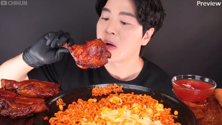 ASMR Mukbang _ Spicy BBQ chicken 🍗 Fire noodles with corn cheese, Sausage Eating 먹방