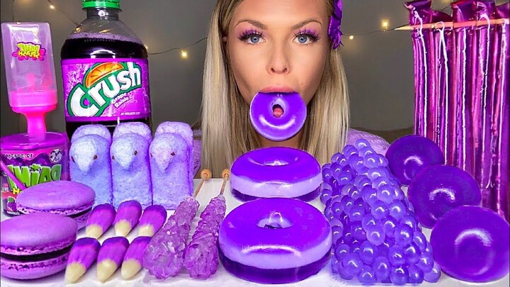 ASMR _PURPLE FOOD_ JELLY DONUT, PEEPS, CANDY CORN, POPPING BOBA, ROCK CANDY