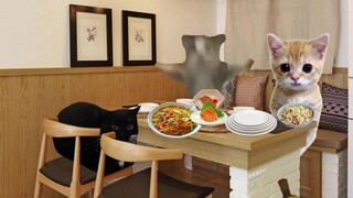 Banana Cat and friends go out for an all-you-can-eat buffet