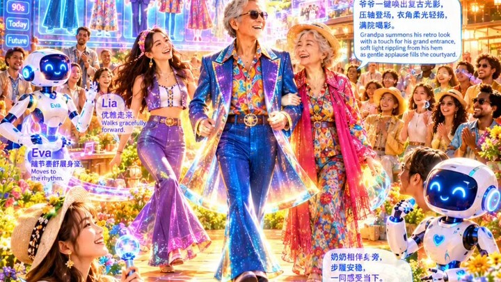 🕶️ 影裳映心Echoes in Style✨ 数字换装光屏亮起，喇叭裤、宽肩西装与斑斓衣衫的全息投影，铺展岁月独有的韵味。The digital wardrobe screen lights up