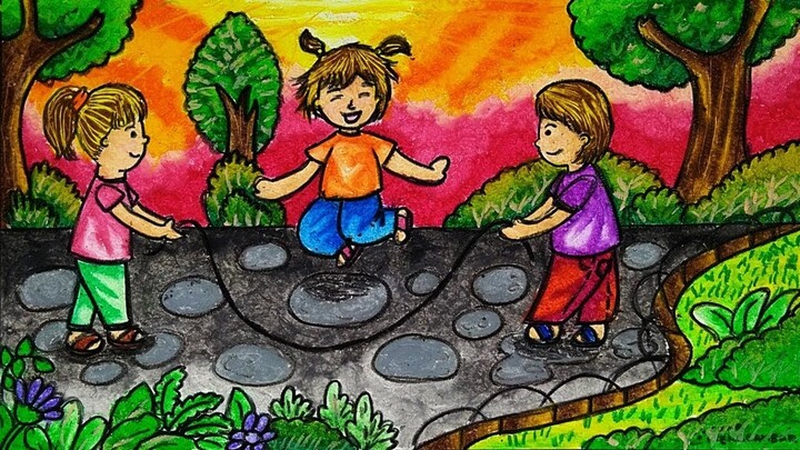 Cara Menggambar dan Mewarnai TEMA PERSAHABATAN dan PERMAINAN TRADISIONAL dengan Gradasi Warna