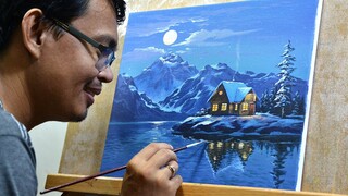 Acrylic Landscape Painting in Time-lapse / Winter Moonlight / JMLisondra