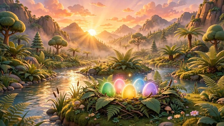 vale mesozoico ao amanhecer, com o sol dourado nascendo entre