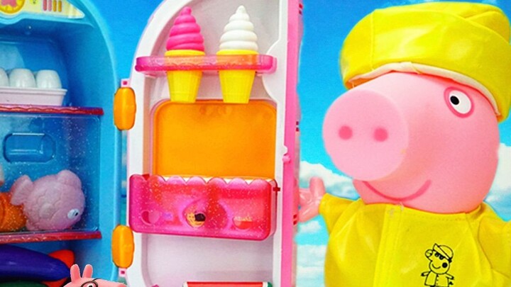 Peppa Pig memasukkan semua barang yang dibelinya ke dalam lemari es