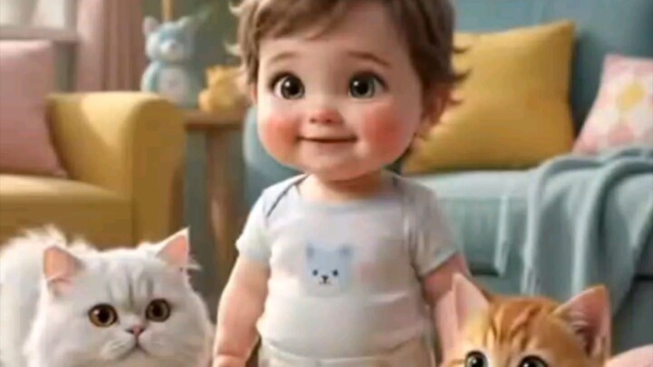 cute kid dancing with cats 😻