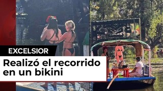 Turista pasea en bikini en trajinera por Xochimilco