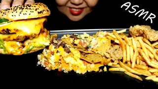 ASMR TRIPLE CHEESEBURGER WITH CHEESY BEEF NACHOS//FISH AND CHIPS//NO TALKING//MUKBANG