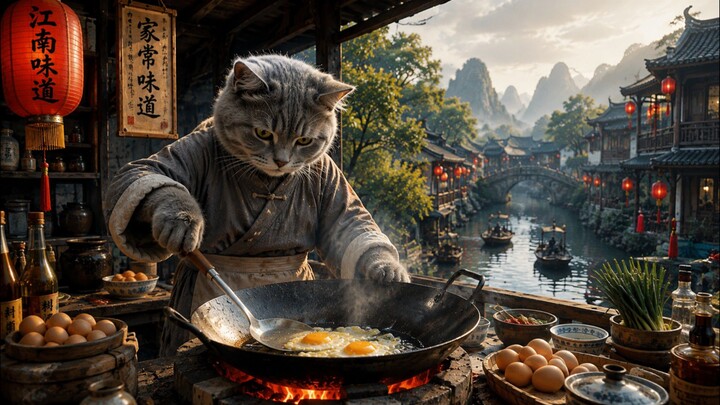 灰猫大厨亲自下厨！香喷喷的煎鸡蛋太诱人了！ 🍳🐱