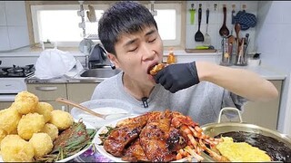 꽃돼지 자메이카통다리 파김치 배추김치 오므라이스 계란튀김 양념깻잎 한식먹방[korean food]mukbang Eating show 吃播