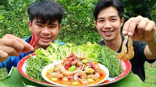 ตำกุ้งสดสะตอเผ็ดๆ ใส่ปลาร้าดิบๆนัวมาก กุ้งสดกรอบเด้งจัดผักเต็มถาด..