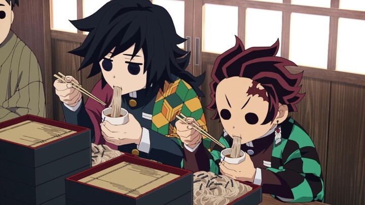 Tanjiro and Giyuu competed in eating noodles. Both of them showed their intelligent eyes, and passer
