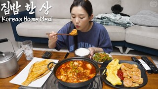 Real Mukbang:) Boil in one pan Sundubu-Jjigae! & Grilled flounder (ft. pink sausage)