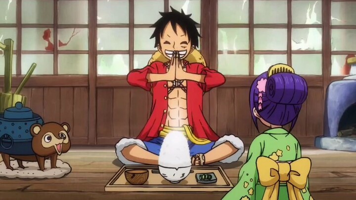 Seorang gadis mungil yang bernama Tama😚 membagikan jata makanannya🍚ke Luffy