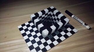 3D Drawing Square Hole Checkered Cube 3D Trick Art