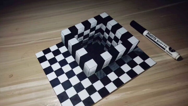 3D Drawing Square Hole Checkered Cube 3D Trick Art