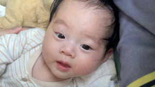After drinking milk, he always looks up at me with a smile