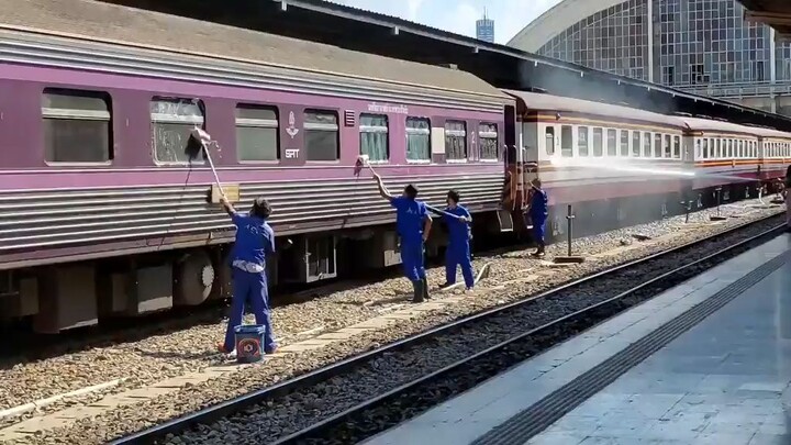 Train Washing at Hua Lamphong Railway Station in Bangkok