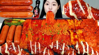 ASMR MUKBANG| 직접 만든 불닭 버섯 양념치킨 소세지 먹방 & 레시피 FRIED CHICKEN AND FIRE NOODLES EATING
