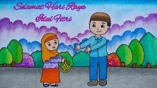 Menggambar tema hari raya || Menggambar tema lebaran || Cara menggambar tema hari raya idul fitri