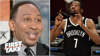 Stephen A. reacts to Kevin Durant scores 53, Nets edge Knicks 110-107 as Irving watches