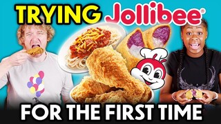 Americans Try Jollibee For The First Time! (Chickenjoy, Yum Burger, Burger Steak, Jolly Spaghetti)